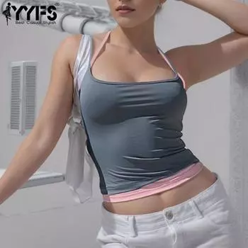 YYFS Женская мода Повседневная Летняя Весна Однотонный Принт Без Рукавов Подтяжки Блузки и Рубашки S темно-серого