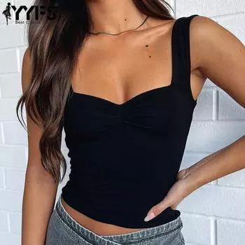 YYFS Женская мода Повседневная Летняя Весна Однотонный Принт Без Рукавов Подтяжки Блузки и Рубашки S чёрный