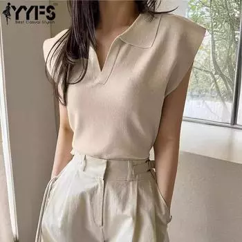 YYFS Женская мода Повседневная Летняя Весна Однотонный Принт Без Рукавов Воротник ПОЛО Блузки и Рубашки S абрикосовый