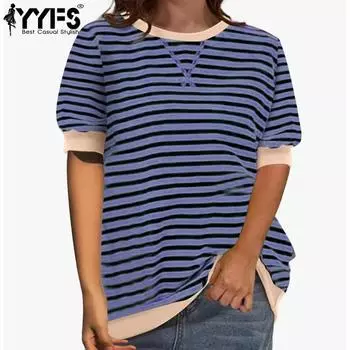 YYFS Женская мода Повседневная Летняя Весна Полосатый Принт Короткие Рукава О-Образным Вырезом Блузки и Рубашки S