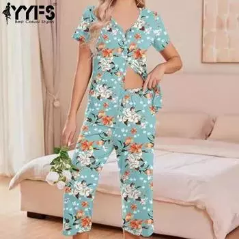YYFS Женская мода повседневная летняя весенняя цветочная модель с принтом, короткие рукава, V-образный вырез, блузки и рубашки, брюки, костюмы S небесно-голубой