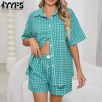 YYFS Женская мода повседневная летняя весенняя клетчатая рубашка с коротким рукавом и воротником-поло, брюки, костюмы S зелёный