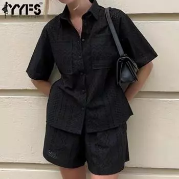 YYFS Женская мода Повседневная Летняя Весна Однотонный Принт Короткий Рукав Воротник ПОЛО Блузки и Рубашки Брюки Костюмы S белый