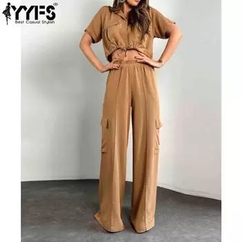 YYFS Женская мода Повседневная Летняя Весна Однотонный Принт Короткий Рукав Воротник ПОЛО Блузки и Рубашки Брюки Костюмы S светло-коричневого