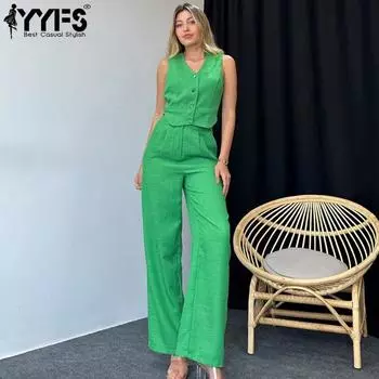 YYFS Женская мода Повседневная Летняя Весна Однотонные принты Без рукавов V-образный вырез Блузки и рубашки Брюки Костюмы S зелёный