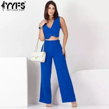 YYFS Женская мода Повседневная Летняя Весна Однотонные принты Без рукавов V-образный вырез Блузки и рубашки Брюки Костюмы S синий