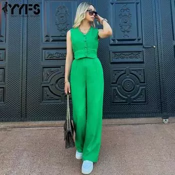 YYFS Женская мода повседневная летняя весенняя однотонная принтованная безрукавка с V-образным вырезом блузки и рубашки брюки костюмы S зелёный