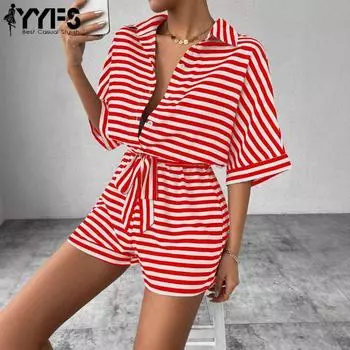 YYFS Женская мода повседневная летняя весенняя полосатая печать рукава 1/2 воротник поло брюки с высокой талией комбинезоны и комбинезоны S красный