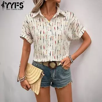 YYFS Женская мода повседневная летняя весна цветные блоки принт короткий рукав воротник поло блузки и рубашки S белый