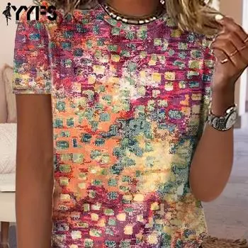 YYFS Женская мода повседневная летняя весна цветные блоки с принтом короткий рукав О-образный вырез блузки и рубашки S красный