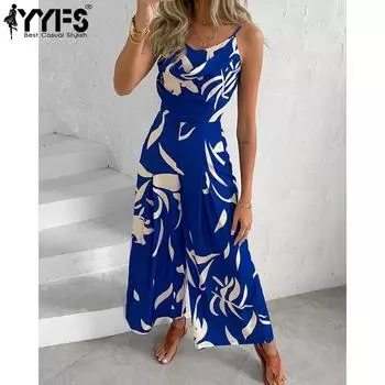 YYFS Женская мода повседневная летняя весна цветные блоки принт без рукавов V-образный вырез высокая талия брюки комбинезоны и ромперы S синий