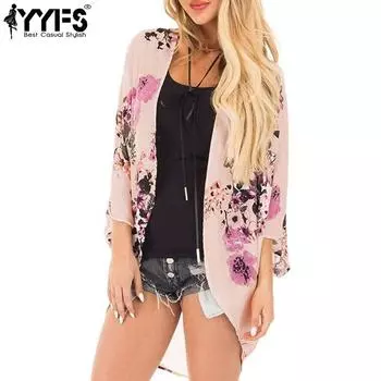 YYFS Женская мода повседневная летняя весна цветочный узор принт блузки и рубашки рукава 3/4 S бежевый