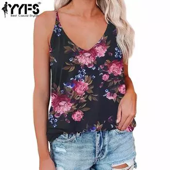 YYFS Женская мода повседневная летняя весна цветочный узор принт без рукавов V-образный вырез блузки и рубашки S