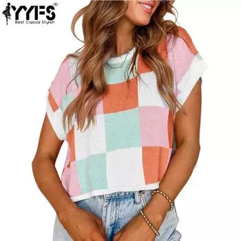 YYFS Женская мода повседневная летняя весна клетчатый принт с коротким рукавом и круглым вырезом блузки и рубашки S