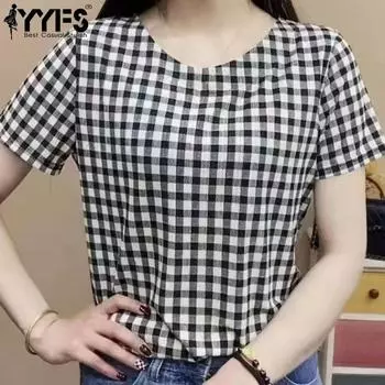 YYFS Женская мода повседневная летняя весна клетчатый принт с коротким рукавом и круглым вырезом блузки и рубашки M