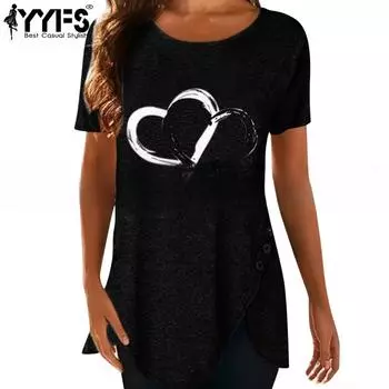 YYFS Женская мода повседневная летняя весна Love Letter Print с коротким рукавом и круглым вырезом блузки и рубашки S чёрный