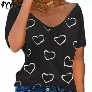 YYFS Женская мода повседневная летняя весна Love Letter Print с коротким рукавом и V-образным вырезом блузки и рубашки S чёрный