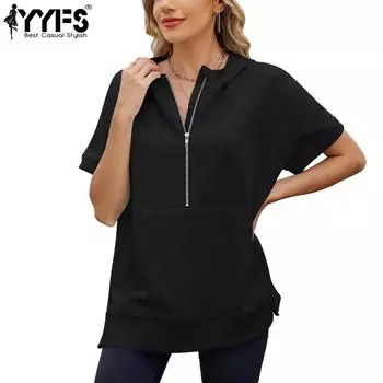 YYFS Женская мода повседневная летняя весна однотонная принтованная блузка с коротким рукавом и капюшоном и рубашками S чёрный
