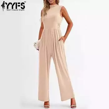 YYFS Женская мода повседневная летняя весна однотонная без рукавов с принтом О-образным вырезом и высокой талией брюки комбинезоны и комбинезоны M