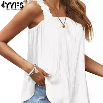 YYFS Женская мода повседневная летняя весна однотонная без рукавов с принтом на подтяжках блузки и рубашки S белый