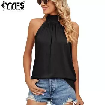 YYFS Женская мода повседневная летняя весна однотонные принты без рукавов с висячим вырезом блузки и рубашки S чёрный