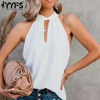 YYFS Женская мода повседневная летняя весна однотонные принты без рукавов с висячим вырезом блузки и рубашки S белый