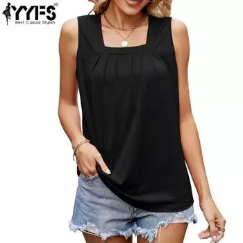 YYFS Женская мода повседневная летняя весна однотонные принтованные блузки и рубашки без рукавов с квадратным воротником S чёрный