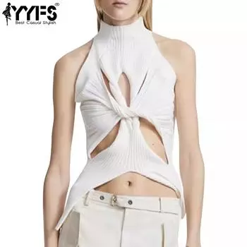 YYFS Женская мода повседневная летняя весна однотонные принты без рукавов с высоким воротом блузки и рубашки S белый