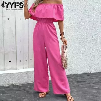 YYFS Женская мода Повседневная Летняя Весна Однотонный Принт Одно Плечо Высокая Талия Брюки Комбинезоны и Ромперы S