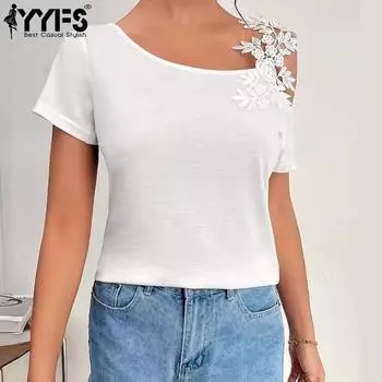 YYFS Женская мода Повседневная Летняя Весна Однотонный Принт Короткий Рукав Косой Воротник Блузки и Рубашки S белый