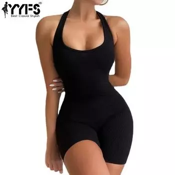 YYFS Женская мода повседневная летняя весна однотонный принт без рукавов U-образный вырез высокая талия брюки комбинезоны и ромперы S чёрный