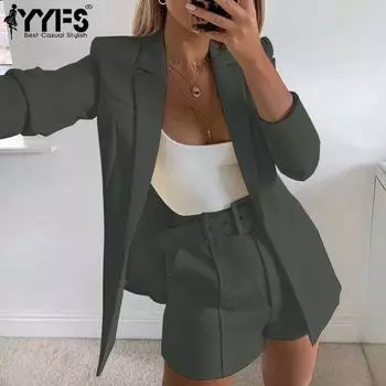 YYFS Женская мода повседневная летняя весна однотонный принт длинный рукав поло воротник брюки костюмы S