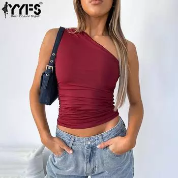 YYFS Женская мода повседневная летняя весна однотонный принт без рукавов косой воротник блузки и рубашки XS бордовый