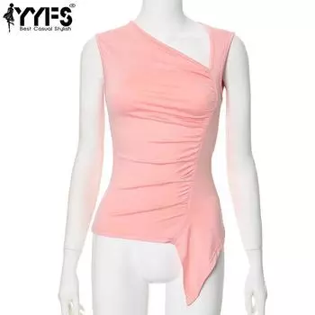 YYFS Женская мода повседневная летняя весна однотонный принт без рукавов косой воротник блузки и рубашки S розовый