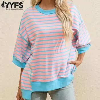 YYFS Женская мода повседневная летняя весна полосатый принт 1/2 рукава О-образный вырез блузки и рубашки S
