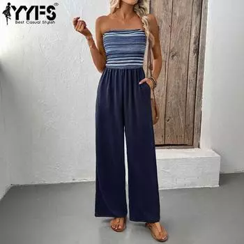 YYFS Женская мода повседневная летняя весна полосатый принт без рукавов с высокой талией брюки комбинезоны и комбинезоны S темно-синий