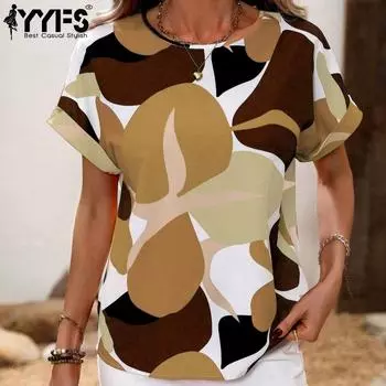 YYFS Женская мода Повседневная Лето Весна Геометрический принт Короткие рукава О-образный вырез Блузки и рубашки S хаки