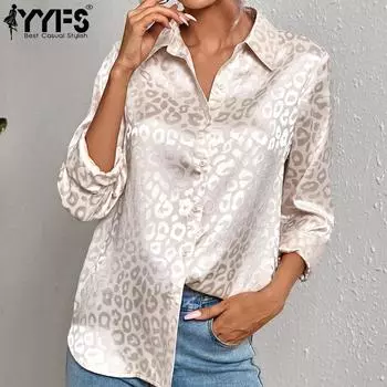 YYFS Женская мода Повседневная Лето Весна Леопардовый принт Длинные рукава POLO-Neck Блузки и рубашки S чёрный
