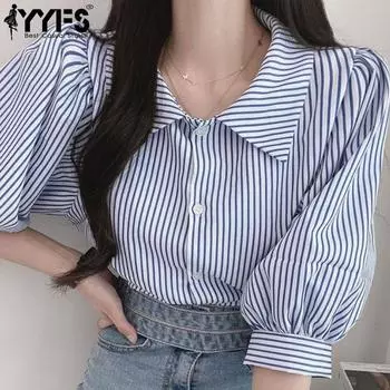 YYFS Женская мода Повседневная Лето Весна Полосатый Принт Короткий рукав Воротник ПОЛО Блузки и Рубашки S