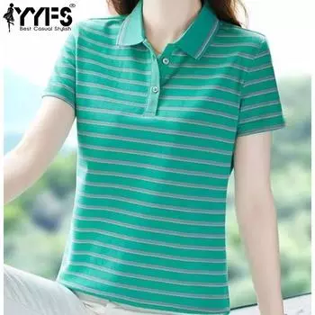 YYFS Женская мода Повседневная Лето Весна Полосатый Принт Короткий рукав Воротник ПОЛО Блузки и Рубашки M