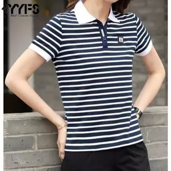 YYFS Женская мода Повседневная Лето Весна Полосатый Принт Короткий рукав Воротник ПОЛО Блузки и Рубашки M