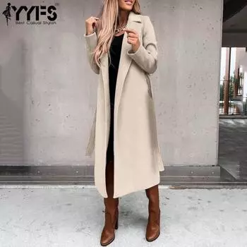 YYFS Женская мода повседневная однотонная принтованная куртка и пальто с длинным рукавом и воротником-поло на осень-зиму S абрикосовый
