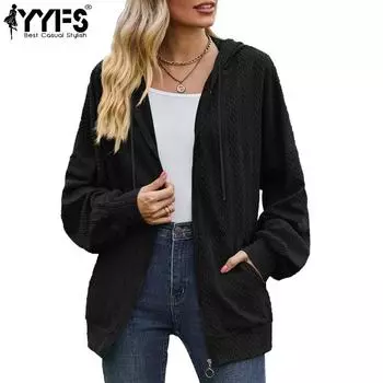 YYFS Женская мода повседневная однотонная принтованная куртка с капюшоном и пальто с длинным рукавом на осень-зиму S чёрный
