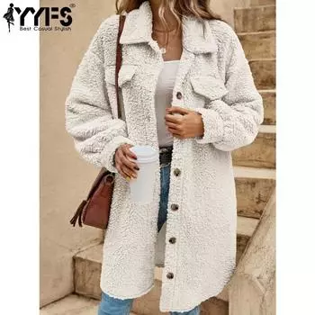 YYFS Женская мода повседневная однотонная принтованная куртка и пальто с длинным рукавом и воротником-поло на осень-зиму S слоновая кость