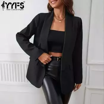 YYFS Женская мода повседневная однотонная принтованная куртка и пальто с длинным рукавом и воротником-поло на осень-зиму S чёрный