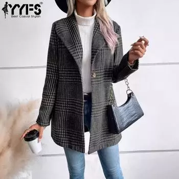 YYFS Женская мода повседневная однотонная принтованная куртка и пальто с длинным рукавом и воротником-поло на осень-зиму S
