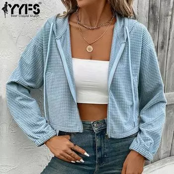 YYFS Женская мода повседневная однотонная принтованная куртка с капюшоном и пальто с длинным рукавом на осень-зиму S синий