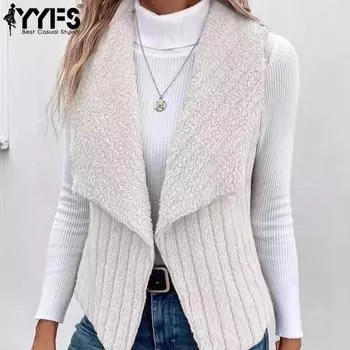 YYFS Женская мода повседневная однотонная принтованная куртка и пальто без рукавов с воротником-поло на осень-зиму S белый