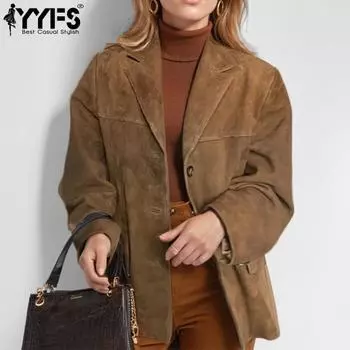 YYFS Женская мода повседневная однотонная принтованная куртка и пальто с длинным рукавом и воротником-поло на осень-зиму S коричневый