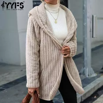 YYFS Женская мода повседневная однотонная принтованная куртка с капюшоном и пальто с длинным рукавом на осень-зиму S светло-коричневого